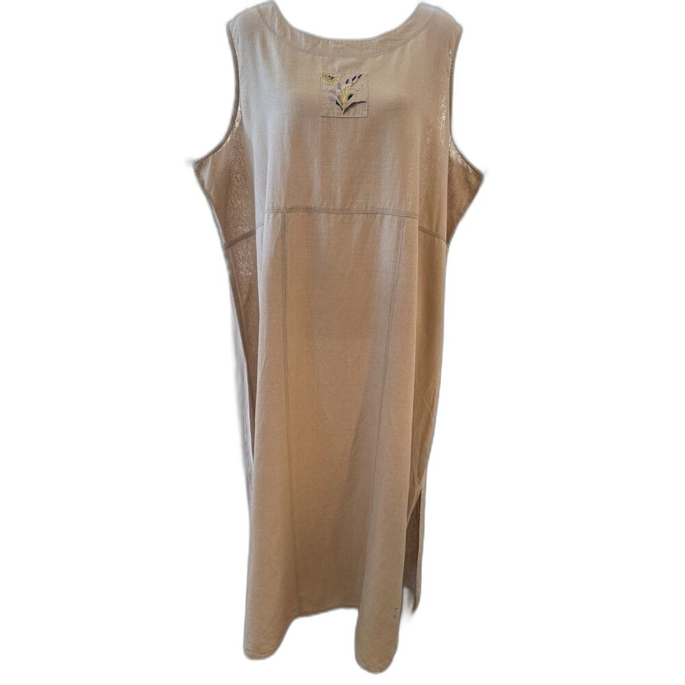 Silk Linen Embroidered Midi Dress Beige Floral Bee Boho Coastal 3X Sleeveless